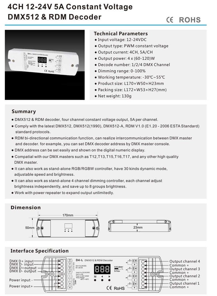 Nutbro 4CH 5A/CH Constant Voltage DMX512 & RDM Decoder RGBW Controller 4 Channel Dimming Controller 12-24V Output PWM - Image 2